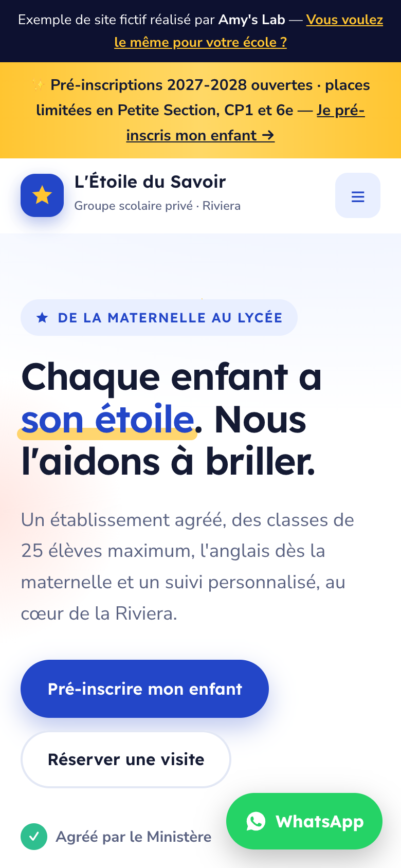 Exemple de site d'école sur mobile