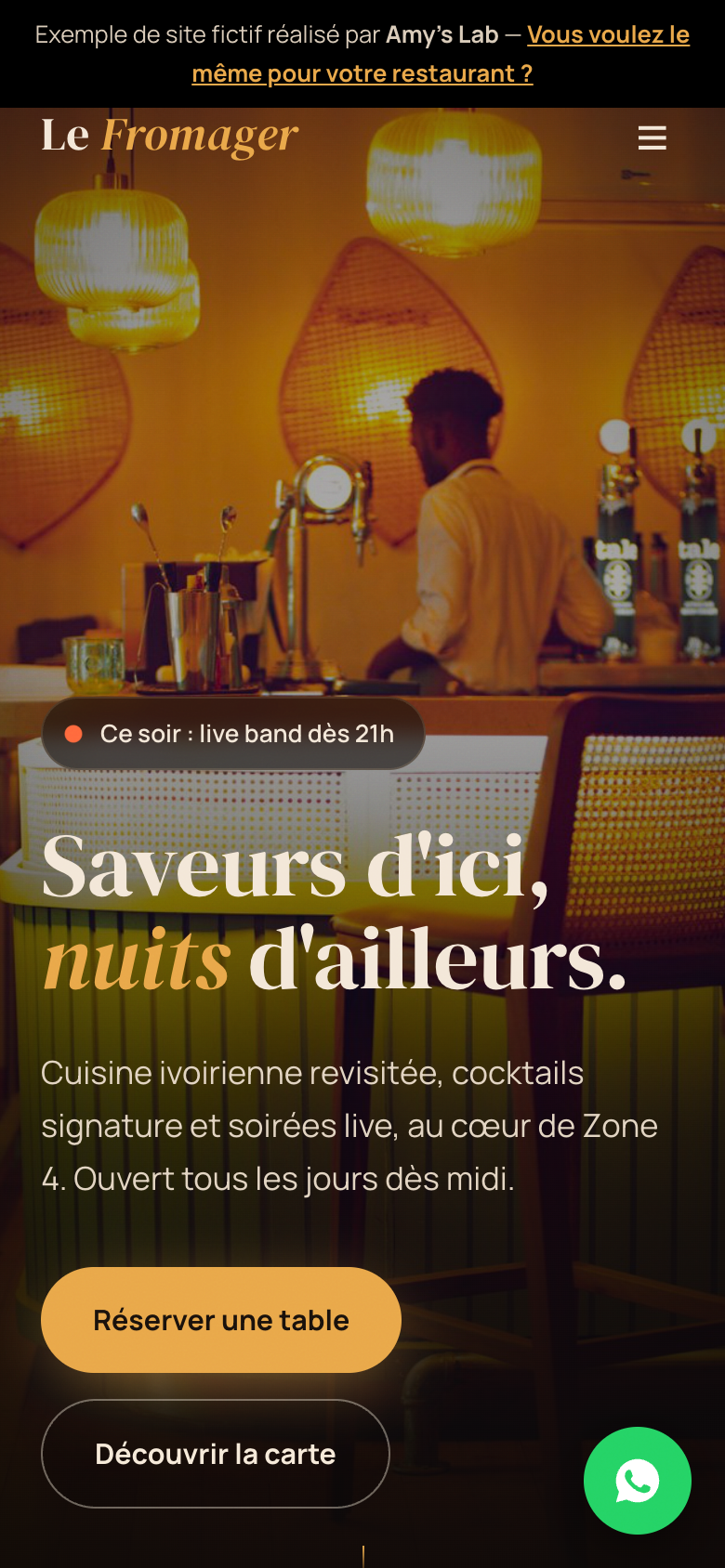 Exemple de site de restaurant sur mobile